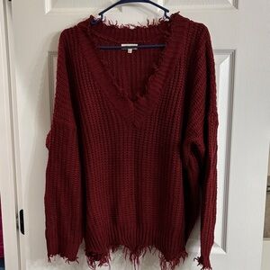 Main Strip Deep Red Frayed V-Neck Sweater
